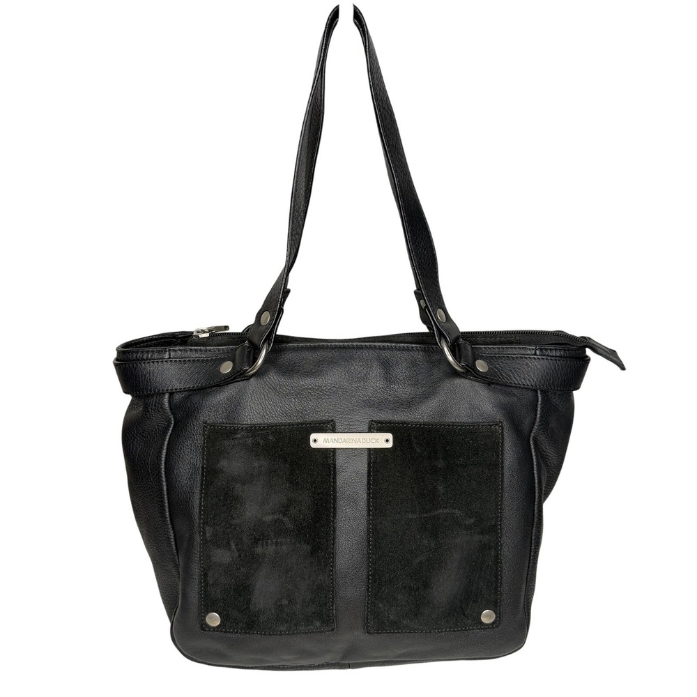 Mandarina Duck Shoulder Bag Womens Medium Black Leather Suede Tote Zip Purse